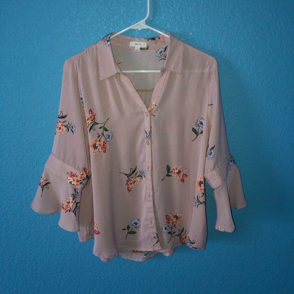 ❤️MINE Pink Mixed Print Pinstripe Floral Blouse❤️